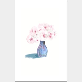 Blue Vase Pink Flowers Posters and Art